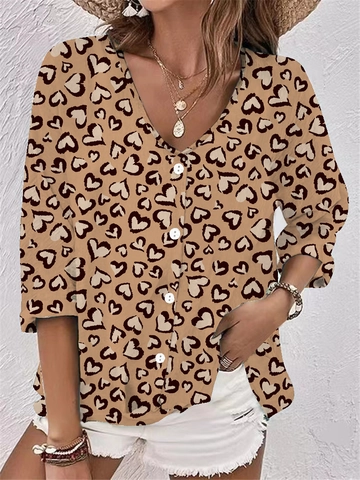 Dames Chiffon Blouse met V-hals en Bloemenprint Knoopsluiting Lange Mouwen Losse Pasvorm Casual Elegant Top voor Dagelijks Vakantie