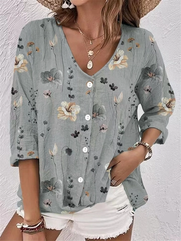 Women's Casual V-Neck Floral Print Chiffon Blouse Loose Button Down Long Sleeve Top For Spring Autumn Vacation