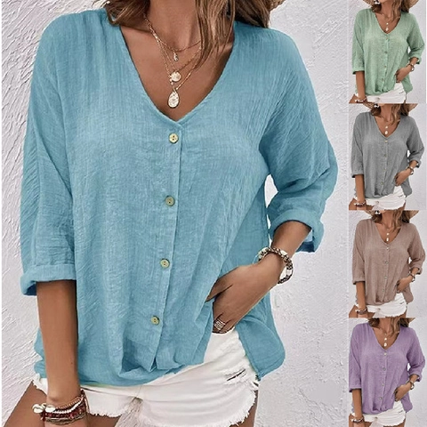 Women V Neck Button Up Chiffon Blouse Loose Casual Solid Color Long Sleeve Textured Polyester Spandex Fall Shirt Top