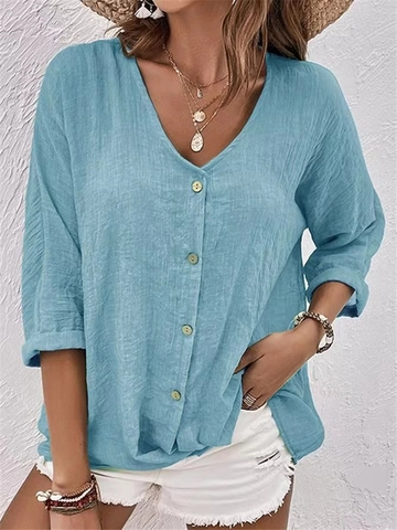 Women V Neck Button Up Chiffon Blouse Loose Casual Solid Color Long Sleeve Textured Polyester Spandex Fall Shirt Top