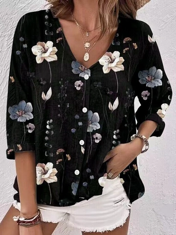 Dames Chiffon Blouse met V-hals en Bloemenprint Knoopsluiting Lange Mouwen Losse Pasvorm Casual Elegant Top voor Dagelijks Vakantie