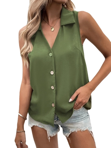 Women Summer V-Neck Sleeveless Chiffon Blouse Loose Button Down Vest Shirt Casual Solid Color Lightweight Office Top