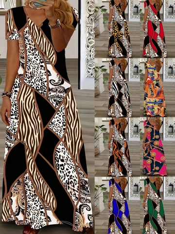 Damen Kurzarm V-Ausschnitt Maxi Kleid Ethno Geometrischer Leopardenmuster Patchwork Sommer Langes Kleid