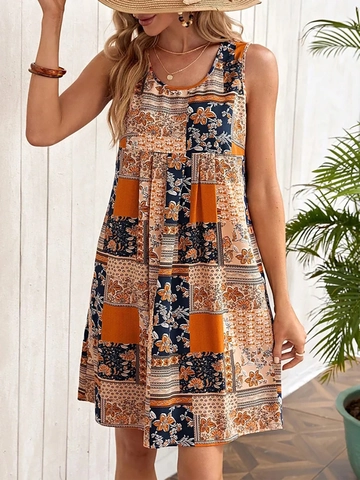 Damen Ärmellos Boho Blumig Patchwork A-Linie Kleid Rundhalsausschnitt Sommer Urlaub Strand Mini Kleid Druck Lässig Kleid