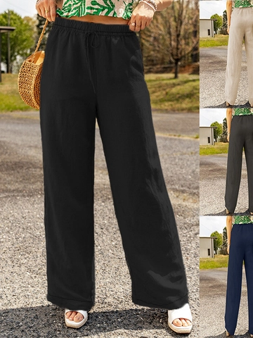 Women Casual Wide Leg Trousers Cotton Linen Blend Drawstring Elastic Waist Straight Pants With Pockets Loose Summer Beach Yoga Pant