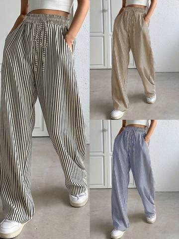 Women High Waist Striped Wide Leg Pants Casual Drawstring Straight Trousers With Pockets Streetwear Fashion Lounge Bottoms