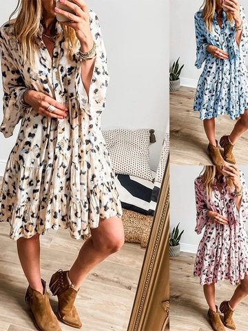 Damen Casual Leopardenmuster V-Ausschnitt Knopfleiste Gestuftes Midi-Kleid Boho Lange Trompetenärmel Rüschen Urlaub Herbst Mode
