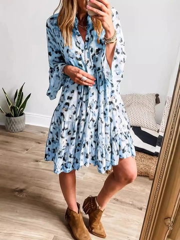 Damen Casual Leopardenmuster V-Ausschnitt Knopfleiste Gestuftes Midi-Kleid Boho Lange Trompetenärmel Rüschen Urlaub Herbst Mode