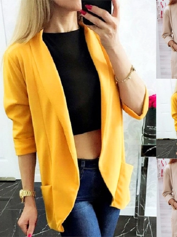 Damen Casual Offener Blazer Jacke Leicht Langarm Einfarbig Arbeit Büro Oberbekleidung Mit Aufgesetzten Taschen