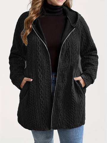 Damen Plus Size Zopfmuster Kapuzenjacke Reißverschluss Mittellanger Cardigan Mit Taschen Winter Warme Einfarbige Oberbekleidung