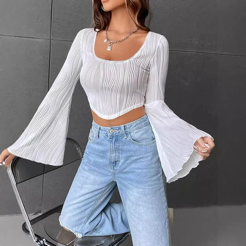 Women Sexy Long Sleeve Bell Sleeve Crop Top Solid U-Neck Pleated Slim T-Shirt Streetwear Fashion Ribbed Textured Top