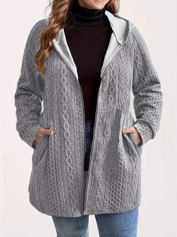 Damen Plus Size Zopfmuster Kapuzenjacke Reißverschluss Mittellanger Cardigan Mit Taschen Winter Warme Einfarbige Oberbekleidung