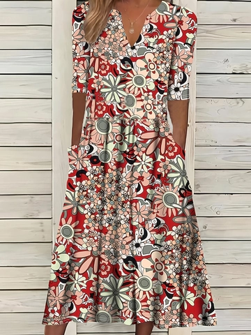 Women Elegant Floral Print V-Neck Midi Dress With Pockets Casual Half Sleeve Polyester Spandex A-Line Summer Dress