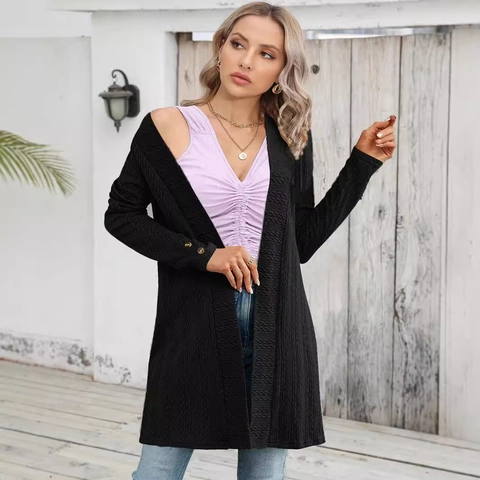 Chaqueta de Punto Casual de Manga Larga para Mujer Abierta por Delante Media Longitud Textura Arrugada Suéter con Detalles de Botones en Puños