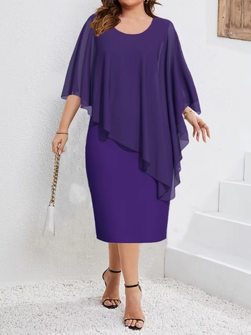 Damen Übergröße Elegantes Bodycon-Kleid Mit Chiffon-Schal-Überwurf Rundhalsausschnitt Asymmetrisches Ärmelloses Midi-Bleistiftkleid