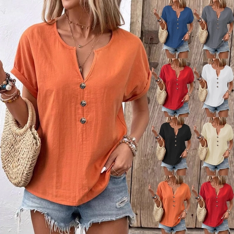 Women's Summer V Neck Button Short Sleeve T Shirt Loose Casual Solid Color Spandex Polyester Tee Pullover Top Streetwear
