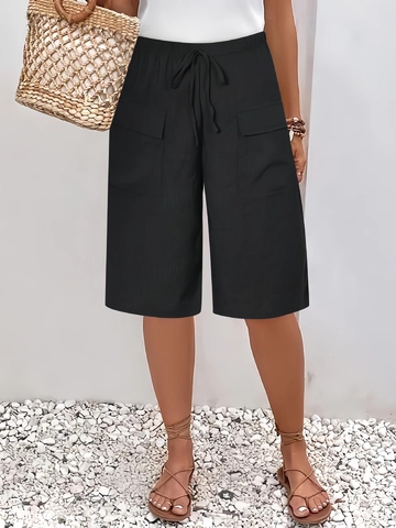 Women's Casual Elastic Waist Bermuda Shorts With Cargo Pockets Summer Loose Beach Vacation Solid Color Half Pants