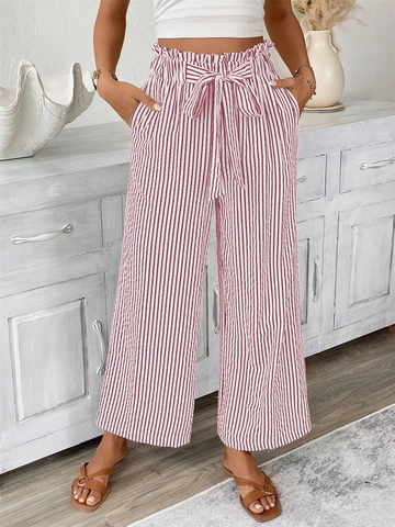 Elegante Damen Gestreifte Weite Hose Hohe Paperbag-Taille Gerade Hose Mit Bindegürtel Lässige Sommer Strand Lange Hose