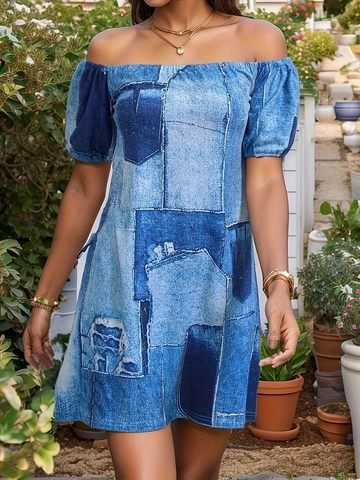 Robe Épaules Dénudées Femme Manches Lanternes Polyester Élasthanne Denim Patchwork Imprimé Géométrique Casual Robe Été Courte