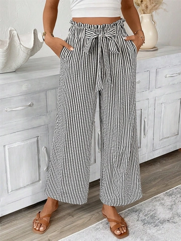 Elegante Damen Gestreifte Weite Hose Hohe Paperbag-Taille Gerade Hose Mit Bindegürtel Lässige Sommer Strand Lange Hose