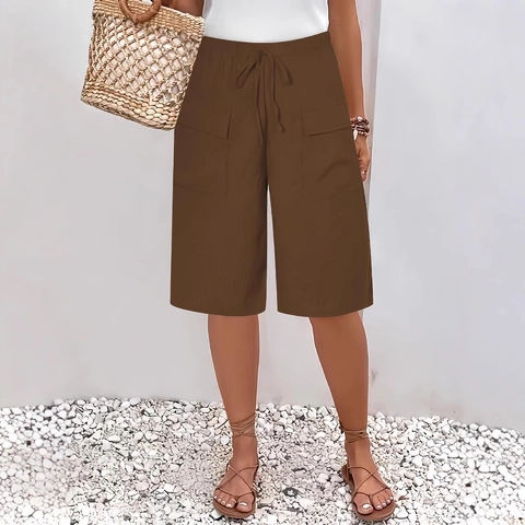 Femme Casual Polyester Couleur Unie Taille Haute Élastique Cordon Poches Shorts Droits Été Plage Bas Quotidiens