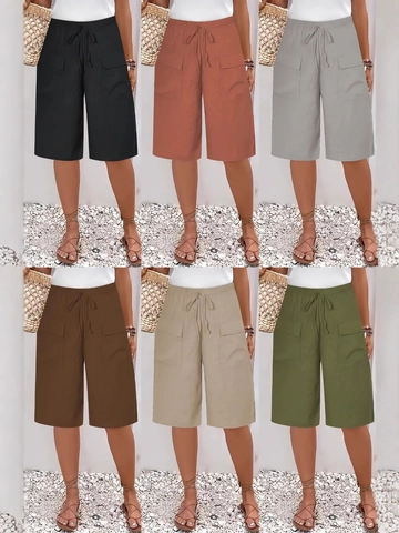 Women's Casual Elastic Waist Bermuda Shorts With Cargo Pockets Summer Loose Beach Vacation Solid Color Half Pants