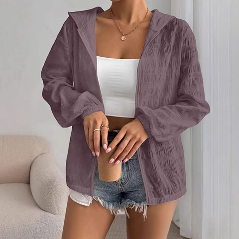 Women Casual Crinkled Sun Protection Hooded Jacket Solid Color Zipper Long Sleeve Loose Lightweight Top Outdoor Outerwear