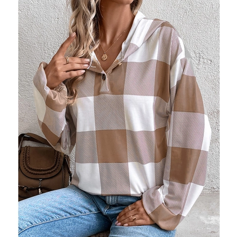 Women's Casual Plaid Hooded Sweatshirt Loose Long Sleeve Buffalo Check Pattern Top With Single Button Detail Fashion