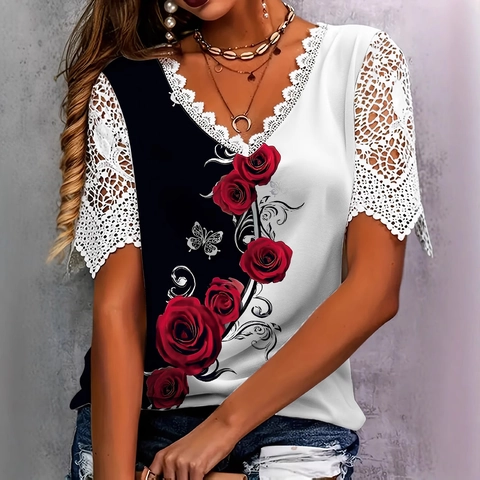 Women Elegant V Neck Lace Patchwork Short Sleeve T-Shirt Flower Butterfly Print Summer Casual Polyester Pullover Top
