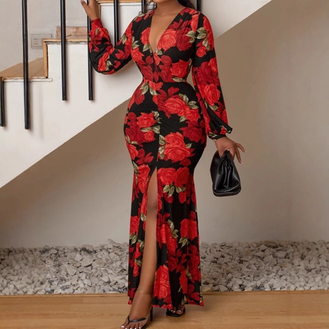 Plus Size Red Rose Floral Print Long Sleeve Maxi Dress Deep V Neck High Slit Slim Fit Elegant Party Bodycon Spring Dress