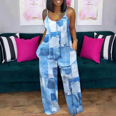 Plus Size Women Spaghetti Strap Jumpsuit Elegant Denim Patchwork Print Wide Leg Loose Casual Sleeveless Full Length Romper