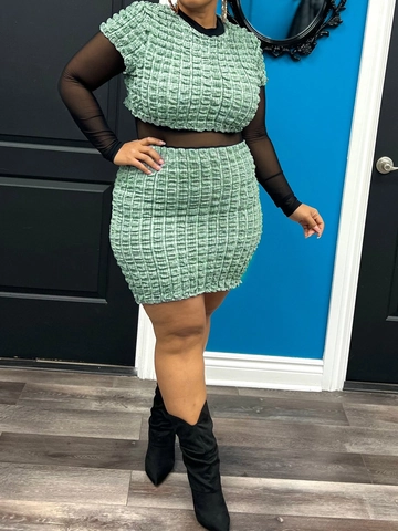 Women Plus Size Plaid Skirt Set Popcorn Texture Crinkled Two Piece Outfit Short Sleeve Crop Top And Bodycon Mini Skirt