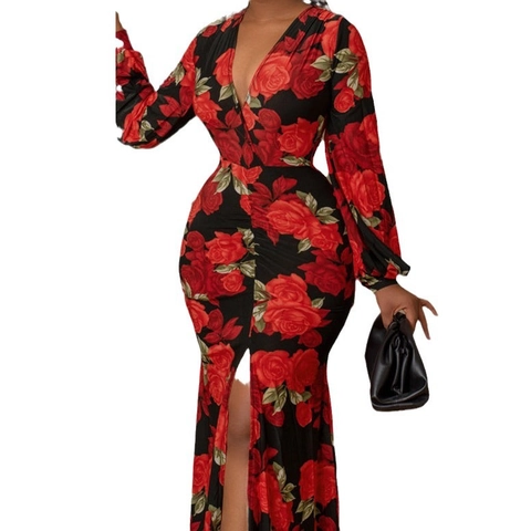 Plus Size Red Rose Floral Print Long Sleeve Maxi Dress Deep V Neck High Slit Slim Fit Elegant Party Bodycon Spring Dress