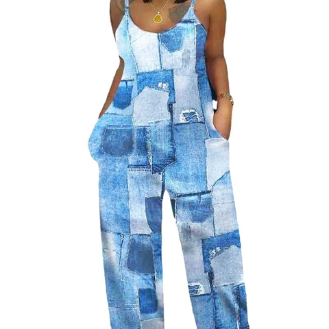 Plus Size Women Spaghetti Strap Jumpsuit Elegant Denim Patchwork Print Wide Leg Loose Casual Sleeveless Full Length Romper