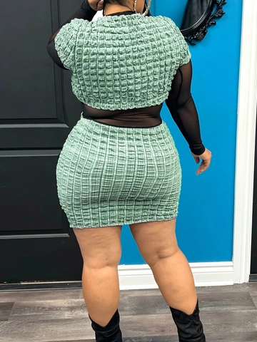 Women Plus Size Plaid Skirt Set Popcorn Texture Crinkled Two Piece Outfit Short Sleeve Crop Top And Bodycon Mini Skirt