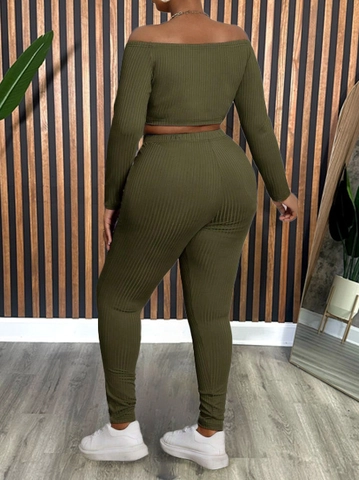 Damen Übergröße Zweiteilige Outfits Rippstrick Schulterfrei Langarm Crop Top Und Hohe Taille Kordelzug Lange Hose Set