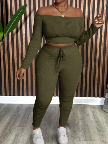 Damen Übergröße Zweiteilige Outfits Rippstrick Schulterfrei Langarm Crop Top Und Hohe Taille Kordelzug Lange Hose Set
