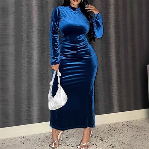 Damen Übergröße Elegant Samt Bodycon Maxi Kleid Langarm Stehkragen Rückenschlitz Reißverschluss Abend Bankett Schlankes Langes Kleid