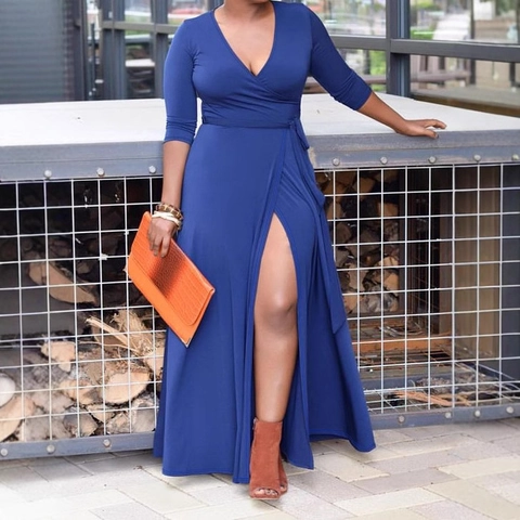 Vestido Midi Cruzado de Talla Grande para Mujer Azul Real Cuello en V Manga de Tres Cuartos Abertura Alta Elegante Poliéster
