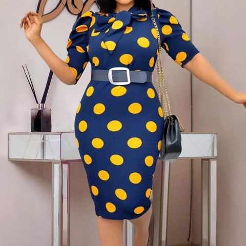 Grote Maten Bodycon Jurk Voor Dames Vintage Marineblauw Geel Stippen Pofmouwen Strikkraag Midi Jurk Elegant