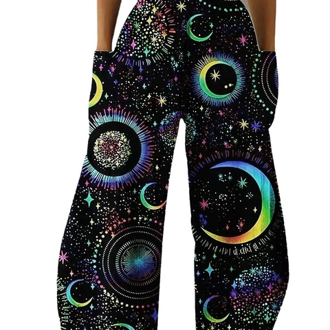 Pantalones de Pata Ancha de Tallas Grandes para Mujer Estampado Luna Estrellas Cintura Alta Pantalones Casuales Sueltos Con Bolsillos