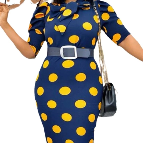Grote Maten Bodycon Jurk Voor Dames Vintage Marineblauw Geel Stippen Pofmouwen Strikkraag Midi Jurk Elegant
