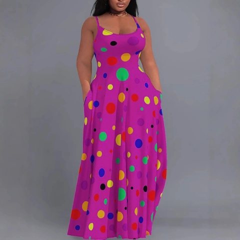 Abito Maxi da Donna Taglie Forti a Pois Con Spalline Sottili e Tasche Abito Lungo Casual Largo a Linea A per le Vacanze Estive