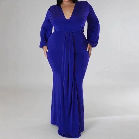 Elegante Abito Lungo Taglie Forti Blu Reale Scollo a V Manica Lunga Arricciato Aderente per Festa Serale Matrimonio Donna