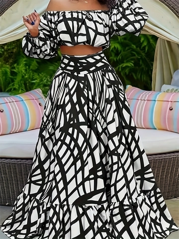 Completo a Due Pezzi da Donna Taglie Forti Con Top Crop a Spalle Scoperte e Gonna Maxi Stampa Astratta Geometrica Per Vacanze