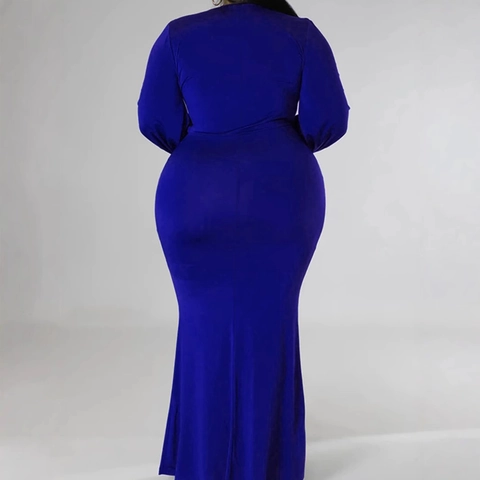 Elegante Abito Lungo Taglie Forti Blu Reale Scollo a V Manica Lunga Arricciato Aderente per Festa Serale Matrimonio Donna