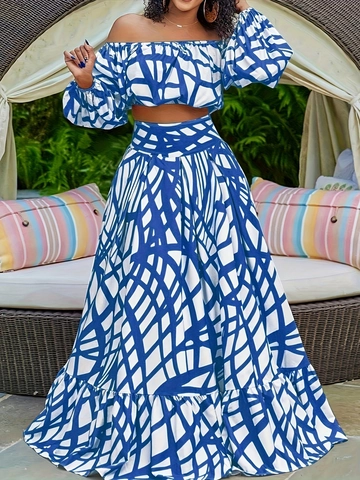Completo a Due Pezzi da Donna Taglie Forti Con Top Crop a Spalle Scoperte e Gonna Maxi Stampa Astratta Geometrica Per Vacanze