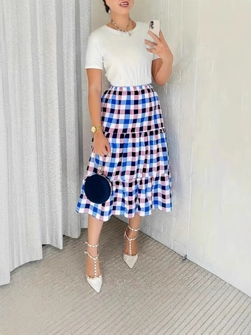 Gonna Midi a Strati Scozzese da Donna Taglie Forti Vita Alta Elastica Linea A Gonna a Torta Checkered Casual