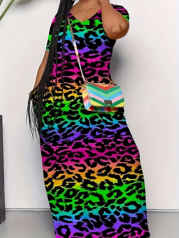 Women Plus Size Leopard Print Maxi Dress V Neck Short Sleeve Casual Elegant Abstract Geometric Pattern Long Dress