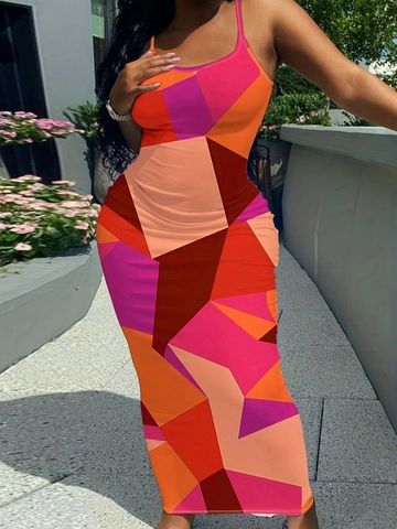 Γυναικείο Maxi Bodycon Φόρεμα με Λεπτές Τιράντες Μεγάλα Μεγέθη Σέξι Γεωμετρικό Tie Dye Rainbow Print Μακρύ Φόρεμα Club
